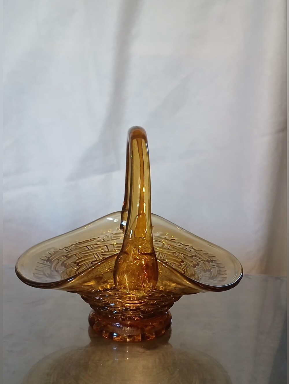 Vintage Indiana Glass Golden Amber Basket in a Basketweave Design